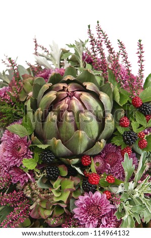 beautiful autumn chrysanthemum flowers bouquet with artichoke and berries