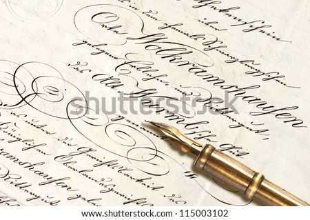 Old letter with calligraphic handwritten text and antique ink pen. vintage background