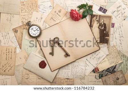 old letters, photographs and post cards. nostalgic vintage wedding background