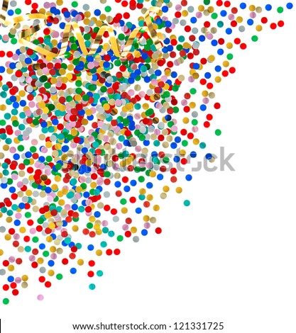 colorful assorted confetti with golden serpentine on white background. red, blue, green, yellow, pink, gold