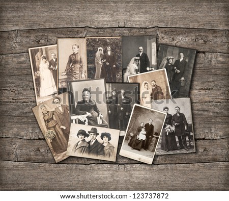 group of vintage family and wedding photos circa 1890-1920 nostalgic sentimental pictures on rustic wooden background group of vintage family and wedding photos circa 1890-1920 nostalgic sentimental pictures on rustic wooden background