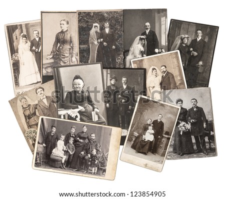 Group Of Vintage Family And Wedding Photos Circa 1885-1920. Nostalgic Sentimental Pictures Collage On White Background