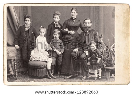 old family photo. parents with five children. nostalgic vintage picture. Vienna 1885