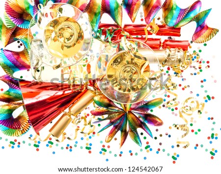 colorful decoration with garlands, streamer, cracker, confetti and champagne. holidays background
