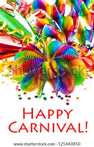 colorful garlands, streamer, party hats and confetti on white  background. carnival decoration