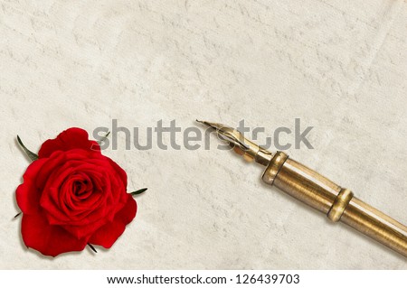 empty blank paper page with antique ink pen and red rose flower. vintage background for love letter