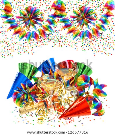 colorful birthday party decoration with garlands, streamer, confetti and cocktail glasses. holidays background