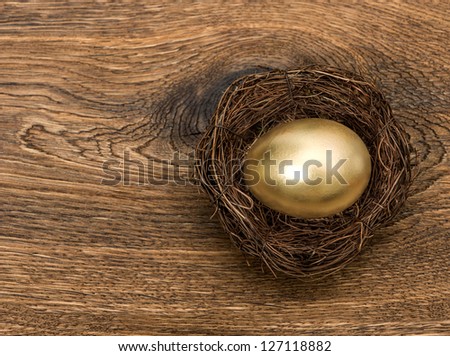 golden easter egg in nest over vintage wooden background