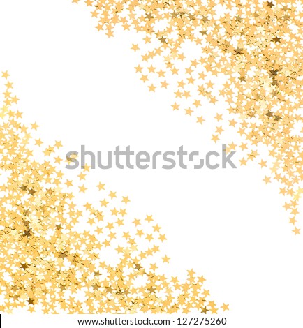 star shaped golden confetti on white background. festive background