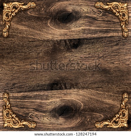 rustic wooden background with golden corner. vintage framework