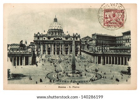 ITALY - CIRCA 1933: Historical postcard with antique stamp from Vatican. Basilica di San Pietro, Vatican, Rome, Italy circa 1933