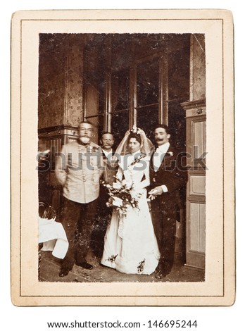 BERLIN, GERMANY - CIRCA 1900: original antique wedding photo. portrait of just married couple. nostalgic picture, circa 1900 in Berlin, Germany