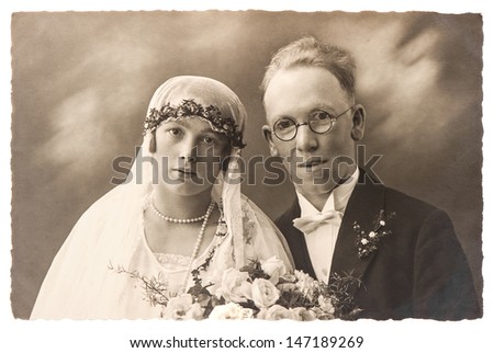 Berlin, Germany - Circa 1920: Original Antique Wedding Photo. Portrait Of Just Married Couple. Nostalgic Picture, Circa 1920 In Berlin, Germany