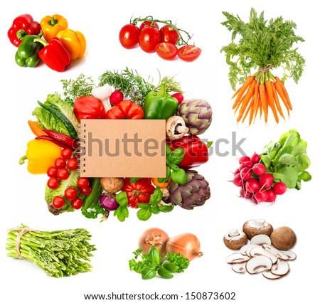 set of variety fresh herbs and vegetables and recipe book isolated on white background. tomato, asparagus, onion, radish, basil, parsley, pepper, mushrooms, carrots