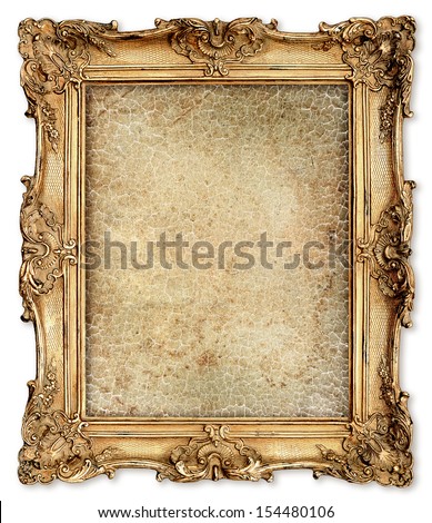 old golden frame with empty grunge cracked canvas for your picture, photo, image. beautiful vintage background