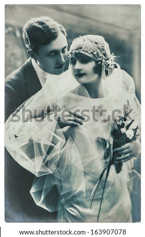 Paris, France - Circa 1920: Antique Wedding Photo. Portrait Of Just Married Couple. Bride And Groom Wearing Vintage Clothing. Nostalgic Picture, Circa 1920 In Paris, France