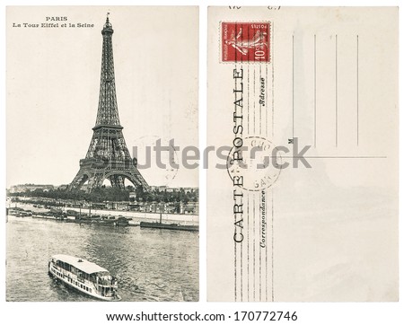 FRANCE, PARIS - CIRCA 1912: original vintage postcard with Eiffel Tower (La Tour Eiffel) in Paris. Illustrative Image. subject of human interest