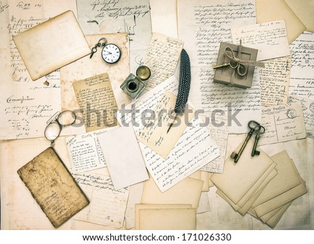 Old Letters And Postcards, Vintage Accessory And Antique Book. Retro Style Nostalgic Background. Top View