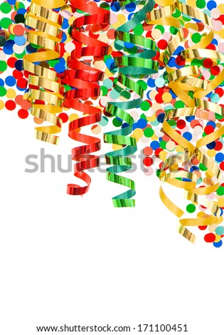 colorful confetti with shiny streamer over white background. party decoration