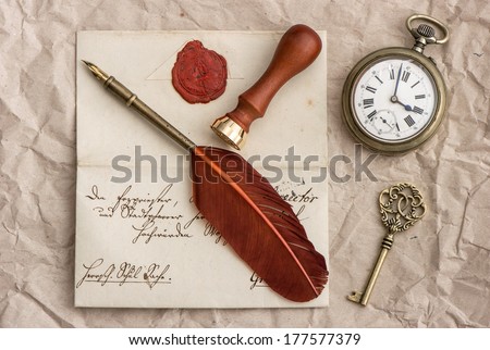 old letter, antique key and clock, vintage ink pen. retro style picture