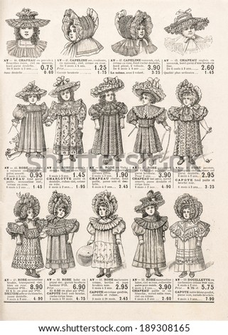 fashion clothing for girls. antique shop advertising, page of original shopping catalog La Samaritaine, Paris, France, circa 1898