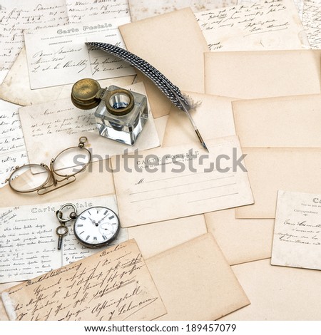old letters, handwritings, vintage postcards and antique feather pen. nostalgic sentimental background