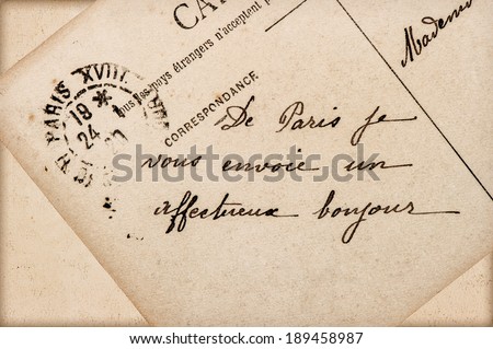 antique french postcard with text lovely greetings from paris 1920. romantic retro style background