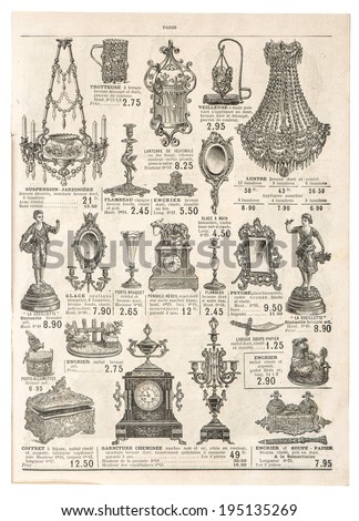 antique victorian objects and collectibles. retro shop advertising, page of very popular shopping catalog Samaritaine, Paris, France, circa 1897