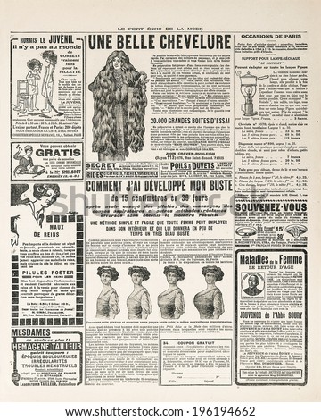 newspaper page with antique advertisement. Woman\'s fashion magazine Le Petit Echo de la Mode 1919 Paris, France