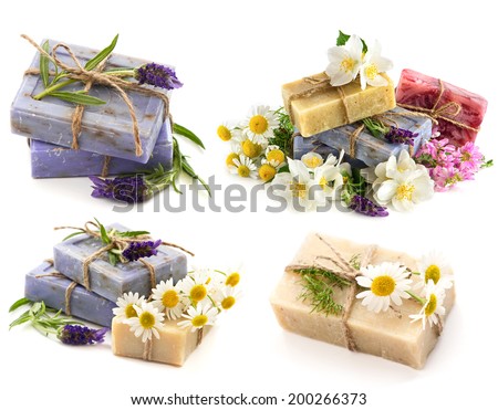 soap bars with fresh lavender, jasmine and chamomile flowers isolated on white background