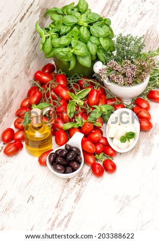 fresh basil, tomatoes, mozzarella and olive oil. food background. caprese salad ingredients