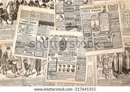 Newspaper pages with antique advertising. Woman\'s fashion magazine Le Petit Echo de la Mode from 1919
