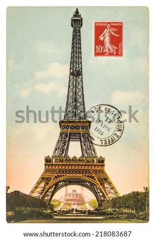 vintage postcard with Eiffel Tower (La Tour Eiffel) in Paris, France, circa 1914