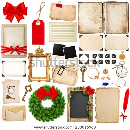 christmas holidays scrapbooking elements. photo frames and corners, old book pages, paper sheets, postcards  isolated on white background