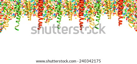 assorted confetti and shiny colorful streamer on white background. banner with party decoration