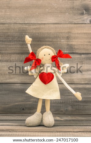 Funny Girl with Red Heart. Holidays greetings. Valentines Day, Mothers Day, Birthday