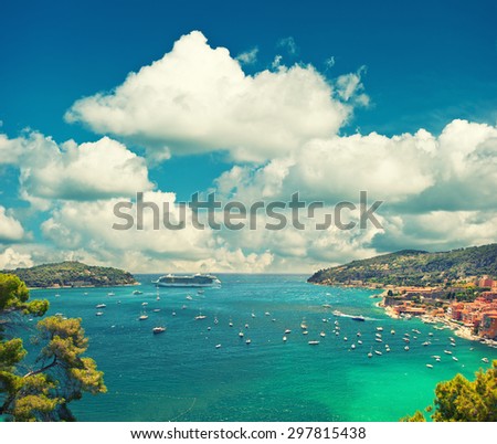 Villefranche, Provence, french riviera, Mediterranean Sea. View of luxury resort and bay of Cote d Azur. Vintage style toned picture