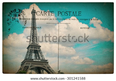 French postcard from Paris with landmark Eiffel Tower and blue sky. Retro style paper background