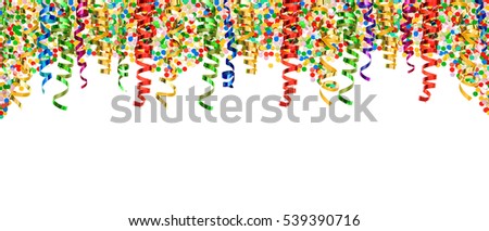 Confetti and colorful streamer on white background. Banner party decoration