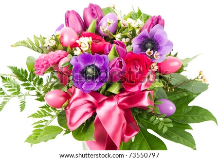 Easter Flowers on Colorful Easter Flowers Bouquet With Deco Eggs Stock Photo 73550797