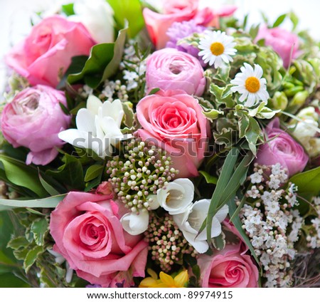 colorful spring flowers bouquet. pink roses