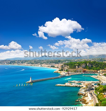 View of mediterranean resort, Nice, Cote d\'Azur, France. turquoise sea and perfect sunny blue sky.