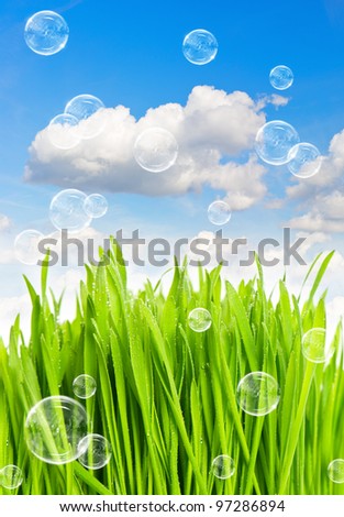 bubbles and fresh green grass against blue sky background