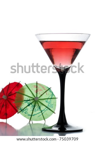 A simple drink and two cocktail umbrellas isolated on a white background