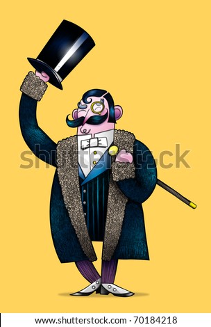 Cartoon style illustration of a polite Victorian gentleman raising his hat in greeting. Includes clipping path to separate the figure from the background.