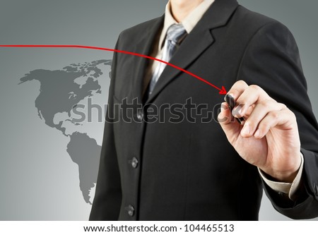 businessman hand drawing chart red down arrow
