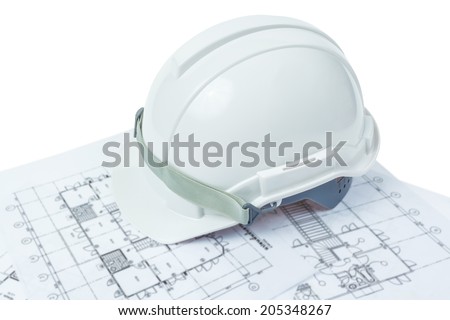 engineering concept, safety helmet with working plan