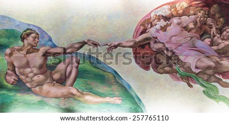 BANGKOK THAILAND - FEBRUARY 28 : The creation of Adam or God\'s touch with finger, painting on the ceiling in church Thailand on February 28, 2015