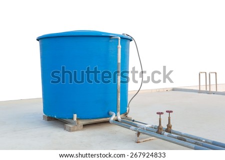Blue water tank of industrial building on roof top or deck on white background