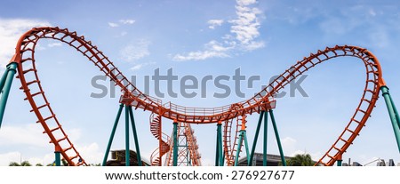 Roller Coaster, rail way curve and spin heart shape as panorama background